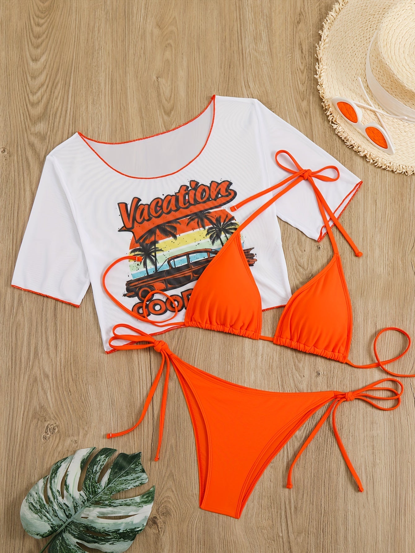 Women's Fashion Sexy Separated Swimsuit Beach Tie Bikini Three-piece Swimming Suit